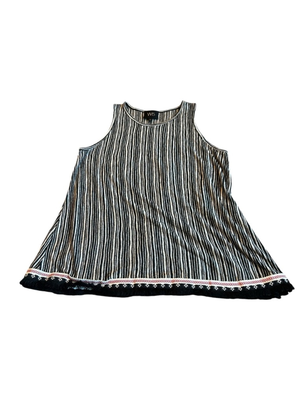 W5 Black & White Striped Tank Top with Embroidered Hem Detail